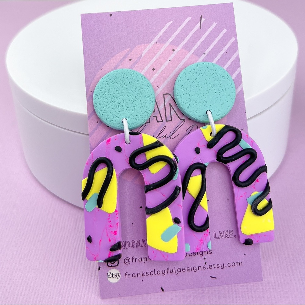 80s Memphis Style Pattern Polymer Clay Dangle Earrings Handmade Funky Re… - Picture 3 of 10
